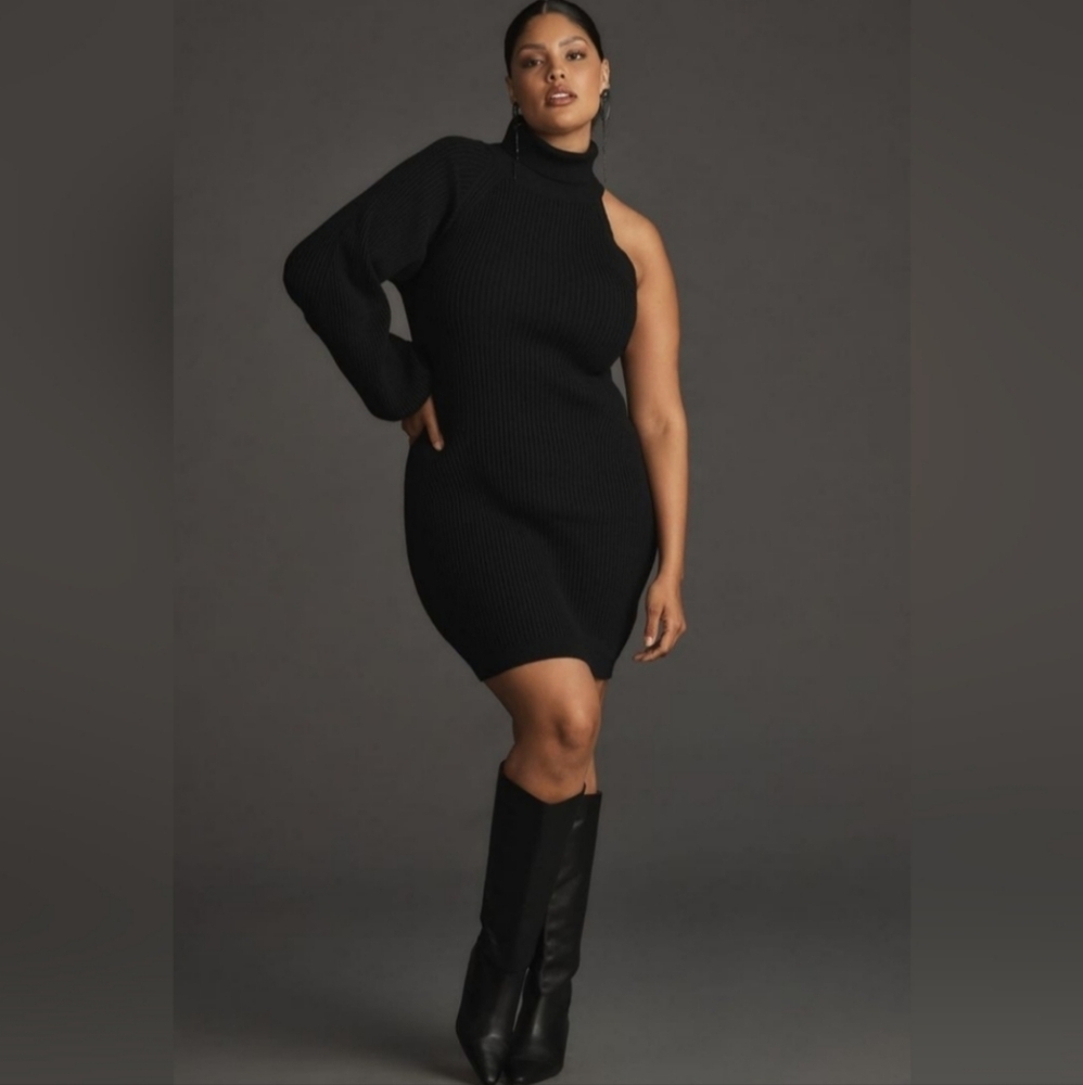 NWT Anthropologie Black Asymmetrical Sweater Mini Dress Size 2X